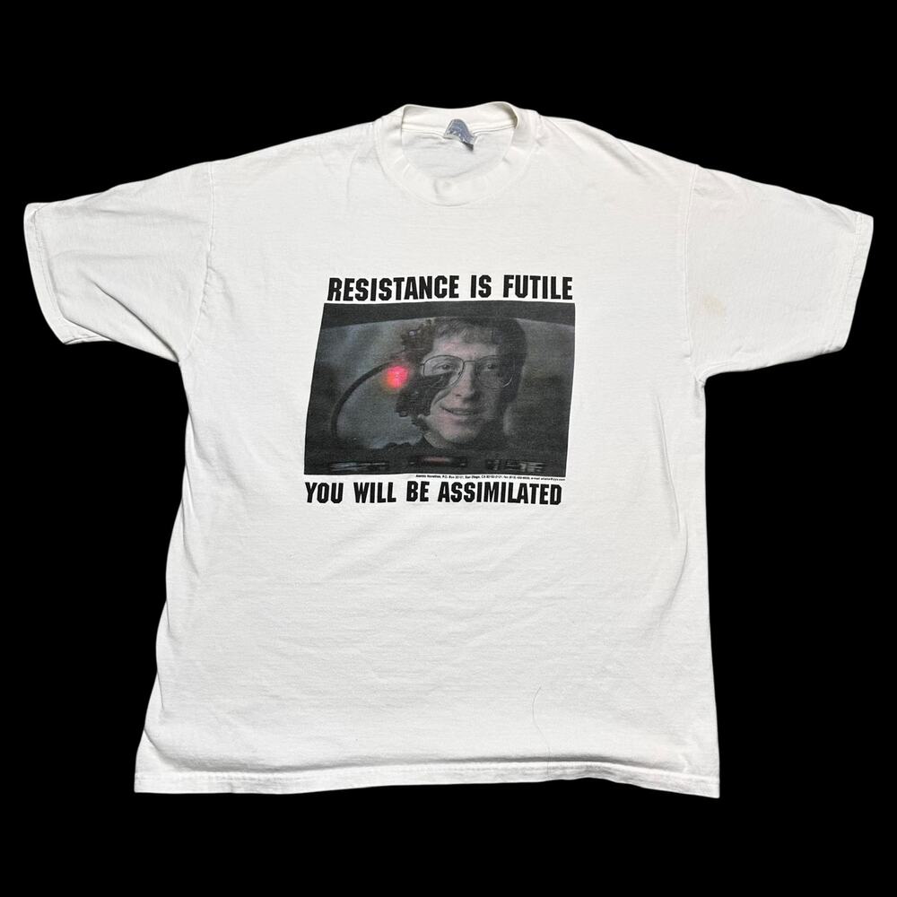 Vintage 90s Y2K TECH Bill Gates Resistance Is Futile T-Shirt Cyborg AI XL